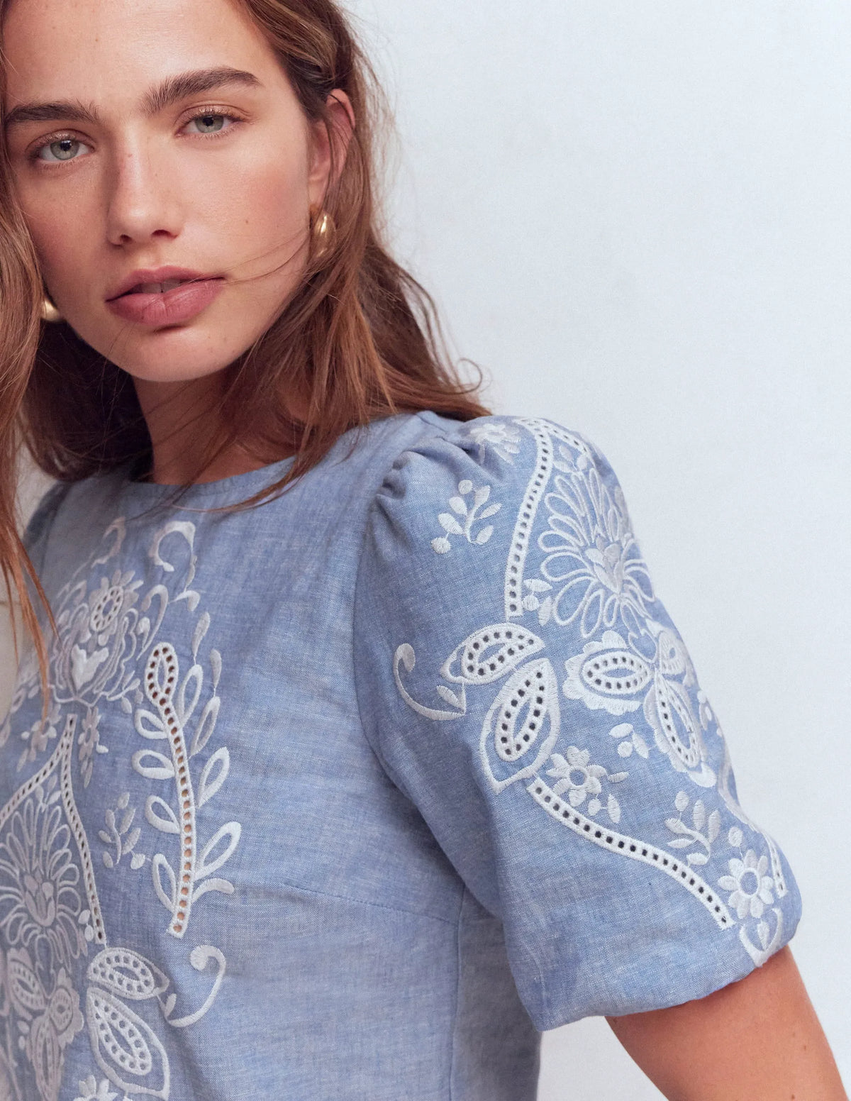 Linen Puff Sleeve Top-Chambray
