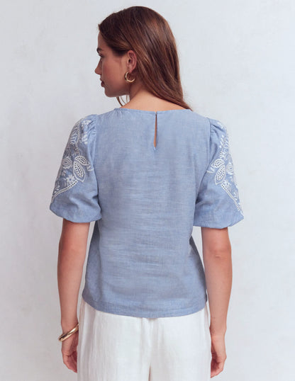 Linen Puff Sleeve Top-Chambray
