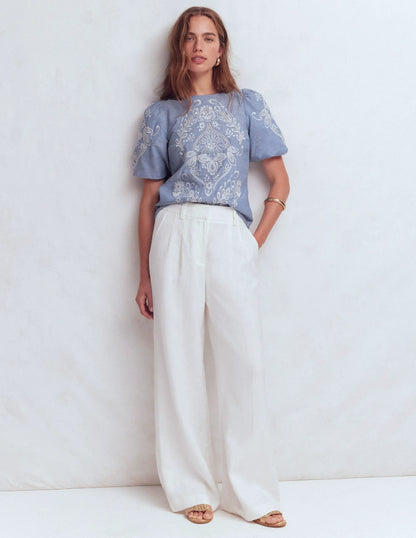 Linen Puff Sleeve Top-Chambray