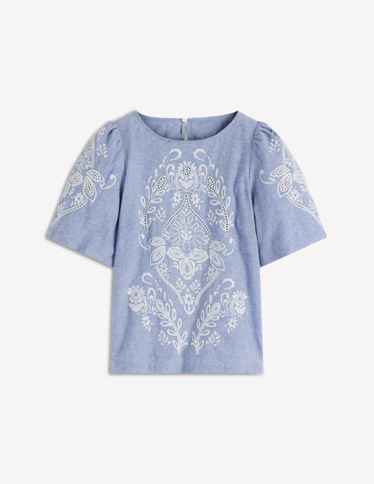 Linen Puff Sleeve Top-Chambray