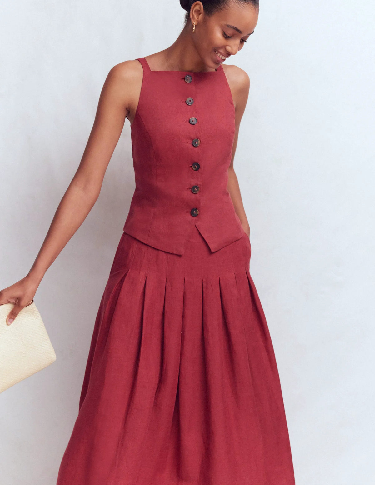 Square Neck Linen Waistcoat-Rich Chestnut