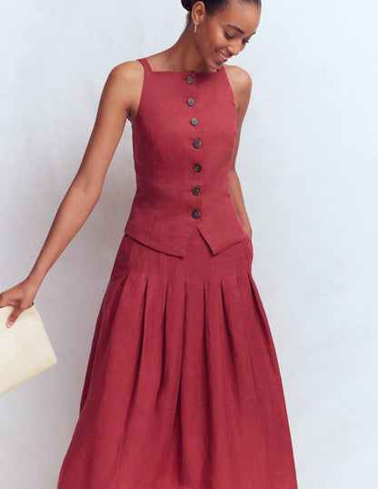 Square Neck Linen Waistcoat-Rich Chestnut