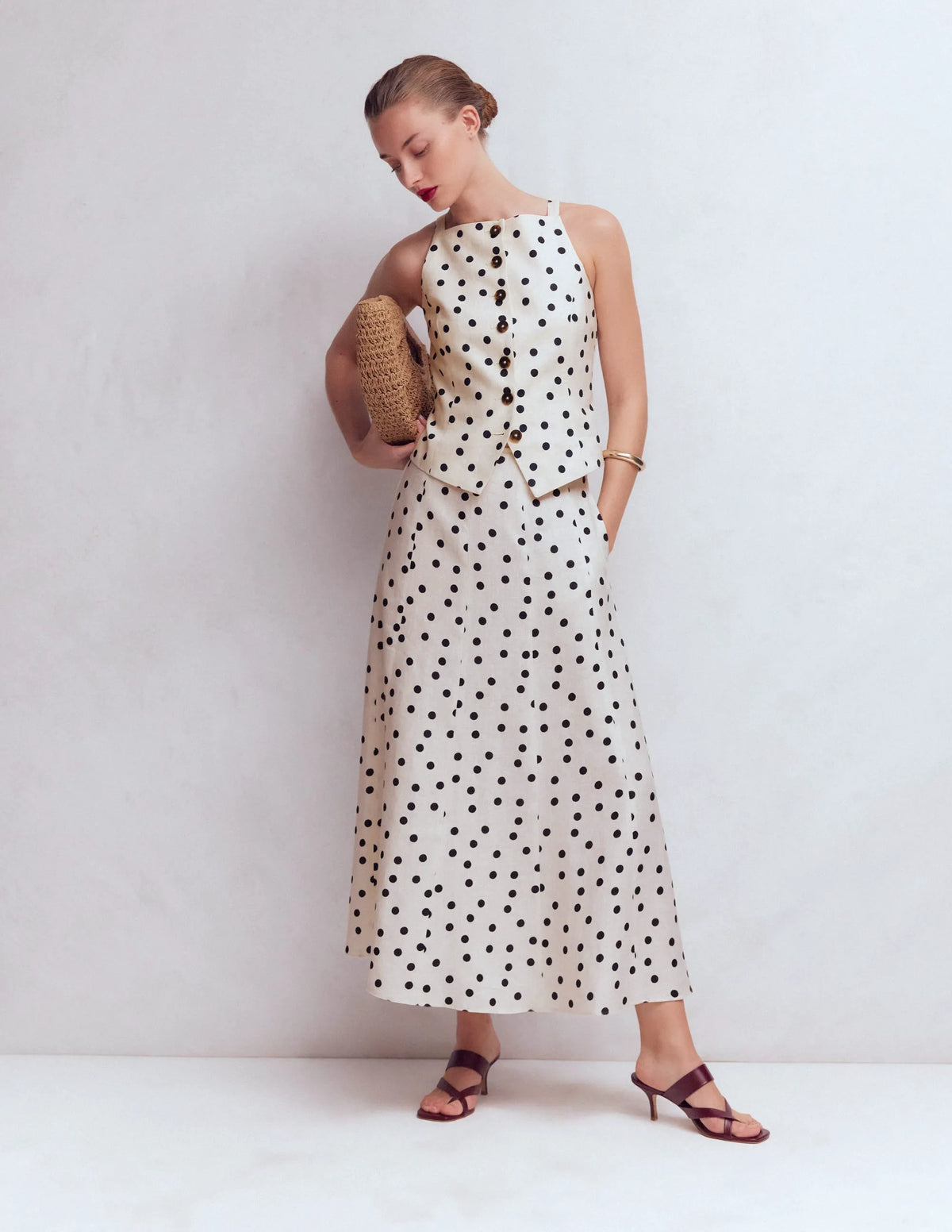Square Neck Linen Waistcoat-Ivory, Painted Dot Spaced