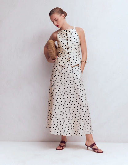 Square Neck Linen Waistcoat-Ivory, Painted Dot Spaced