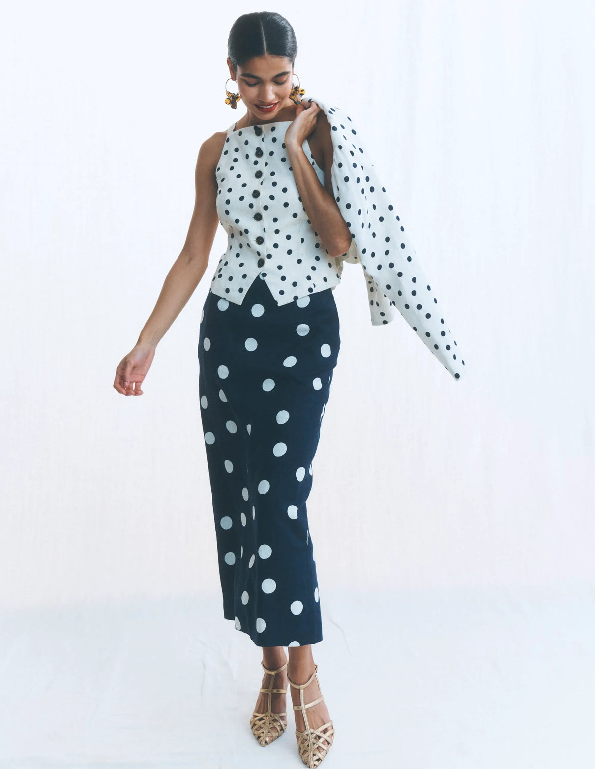 Square Neck Linen Waistcoat-Ivory, Painted Dot Spaced