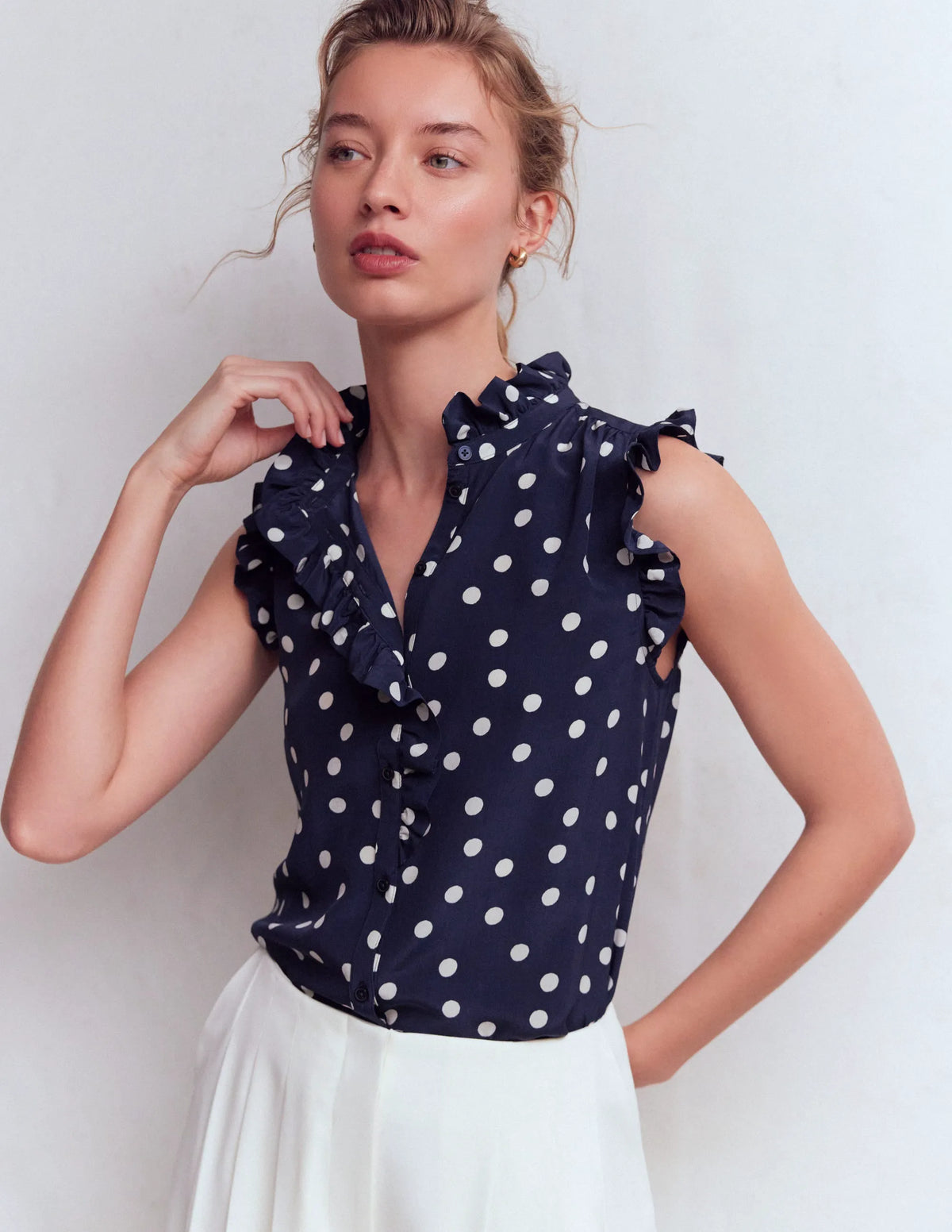 Isabel Sleeveless Silk Top-French Navy, Painted Dot