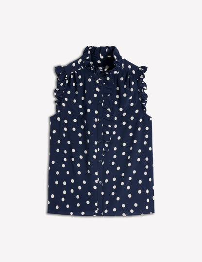 Isabel Sleeveless Silk Top-French Navy, Painted Dot