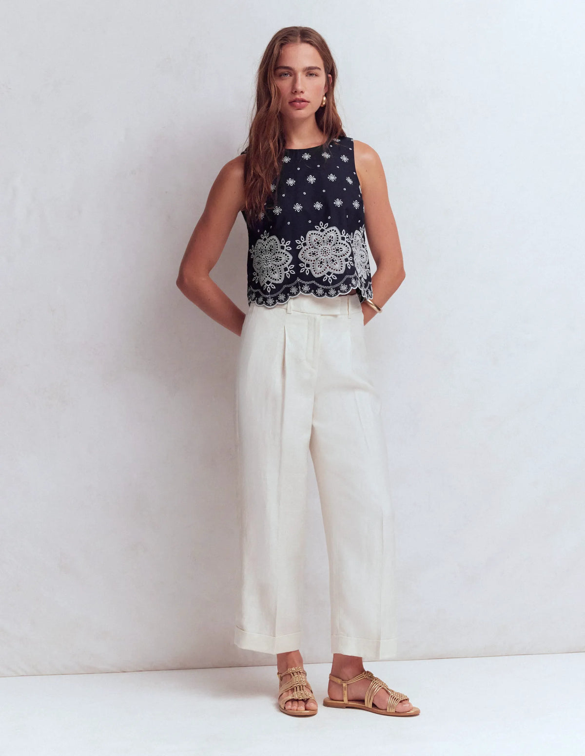 Sofia Broderie Shell Top-Navy