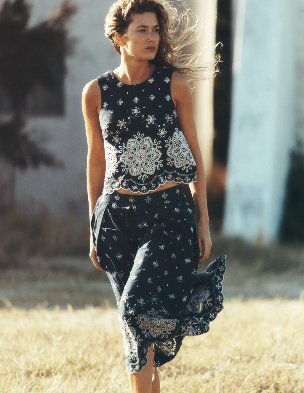 Sofia Broderie Shell Top-Navy