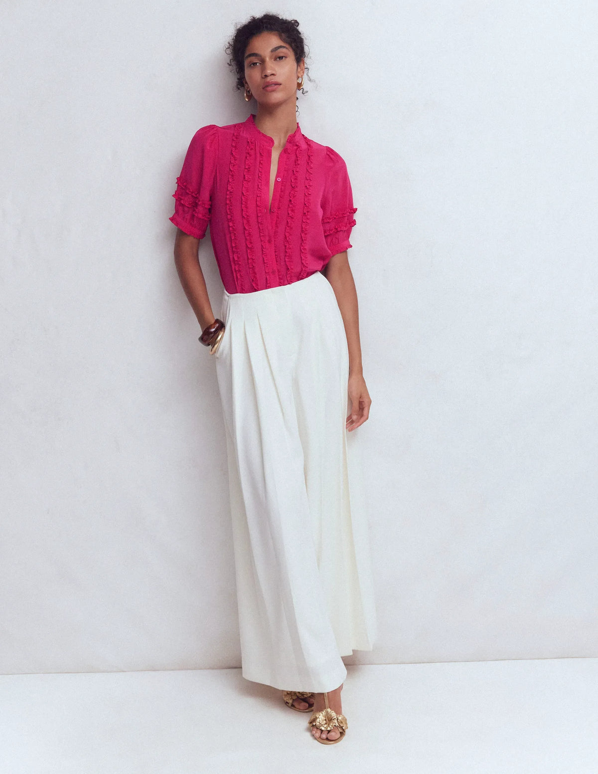 Short Sleeve Silk Ruffle Top-Vibrant Pink