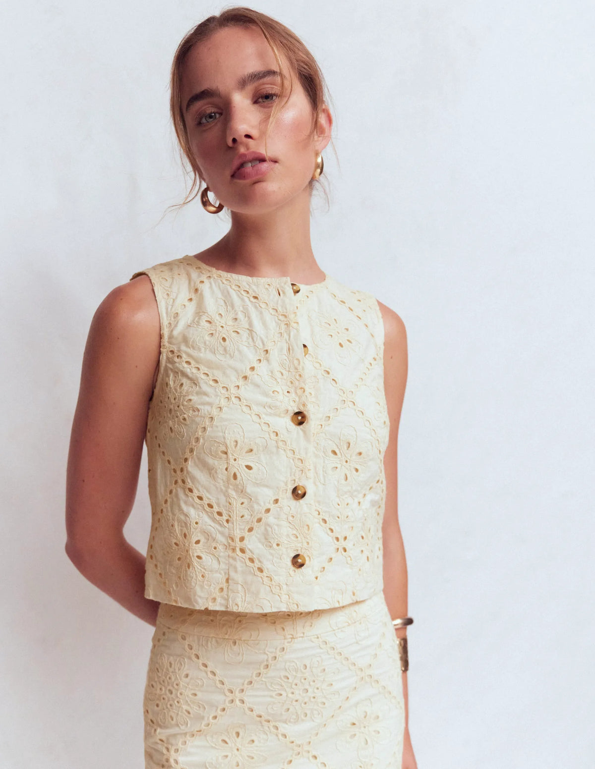Andrea Cotton Shell Top-Ivory broderie