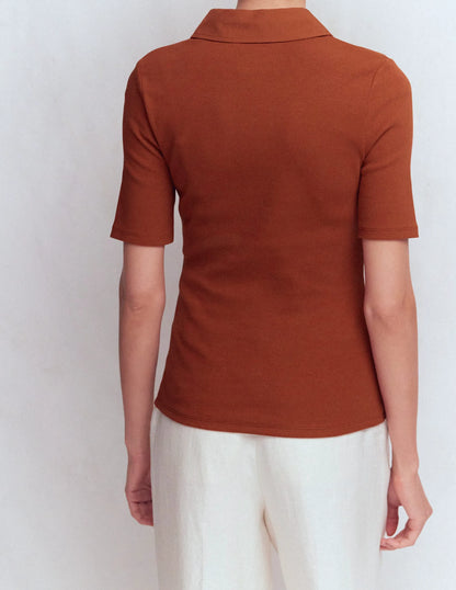 Collared Ribbed Henley Top-Burnt Orange
