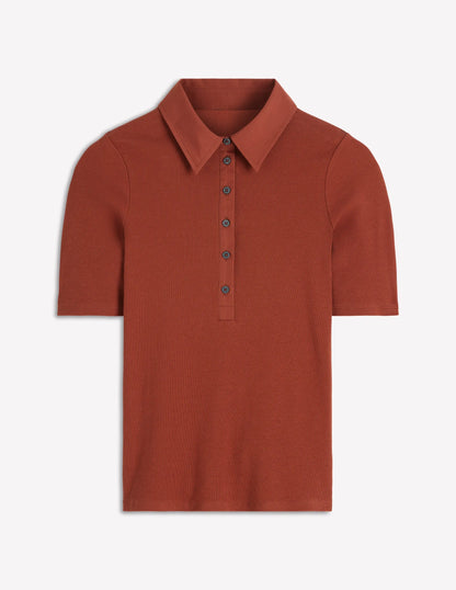 Collared Ribbed Henley Top-Burnt Orange
