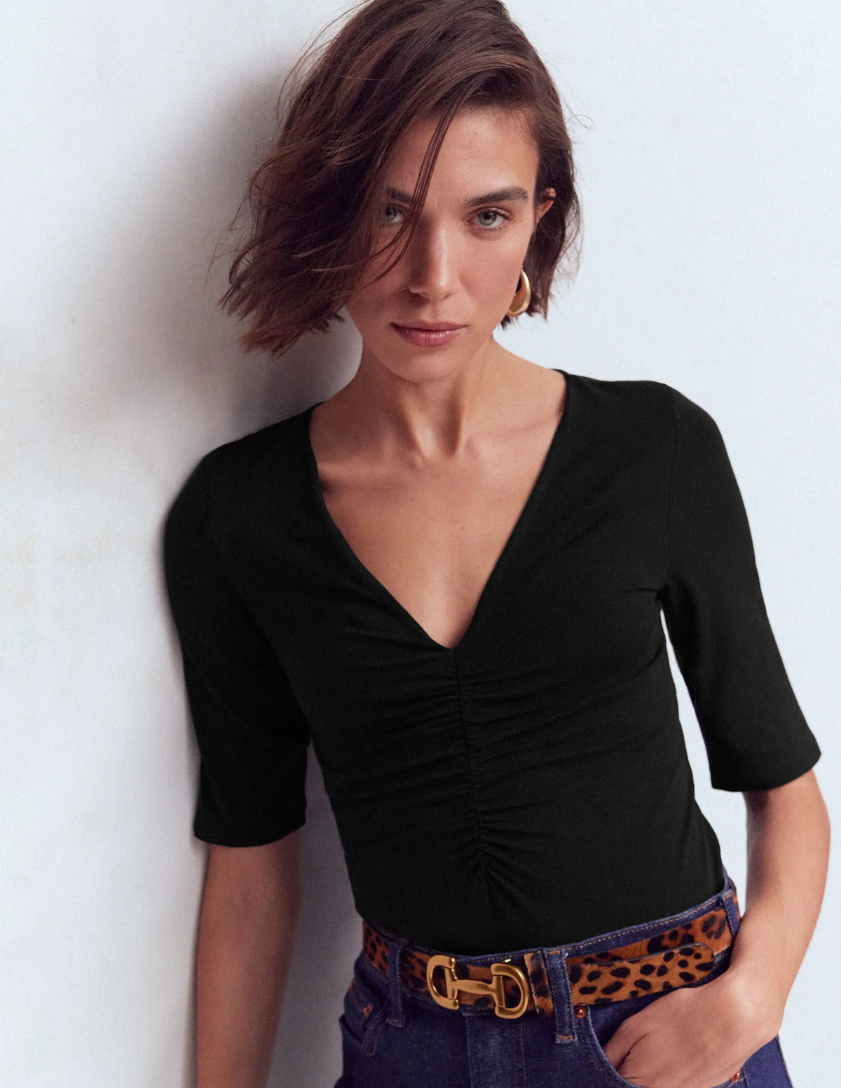 Tia Ruched V-neck Top-Black