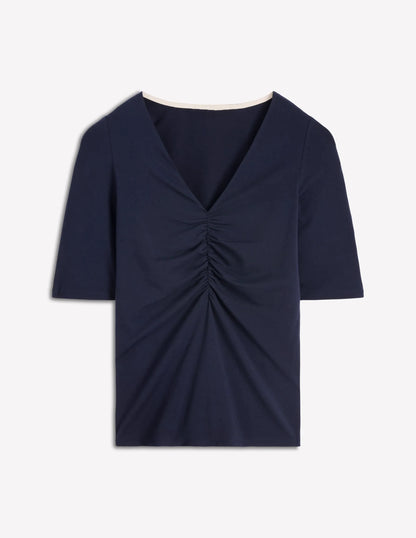 Tia Ruched V-neck Top-Navy