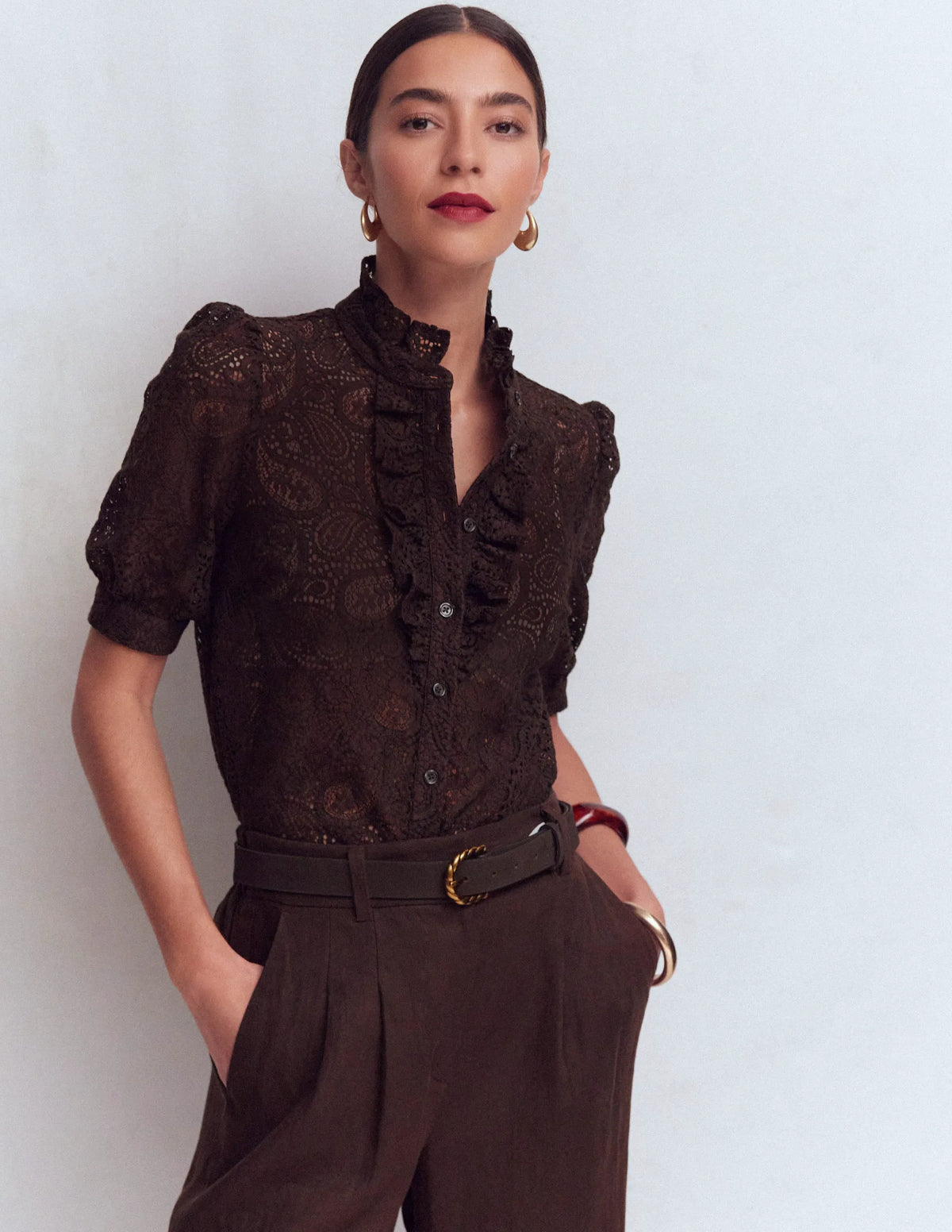 Sasha Short Sleeve Lace Top-Bitter Chocolate