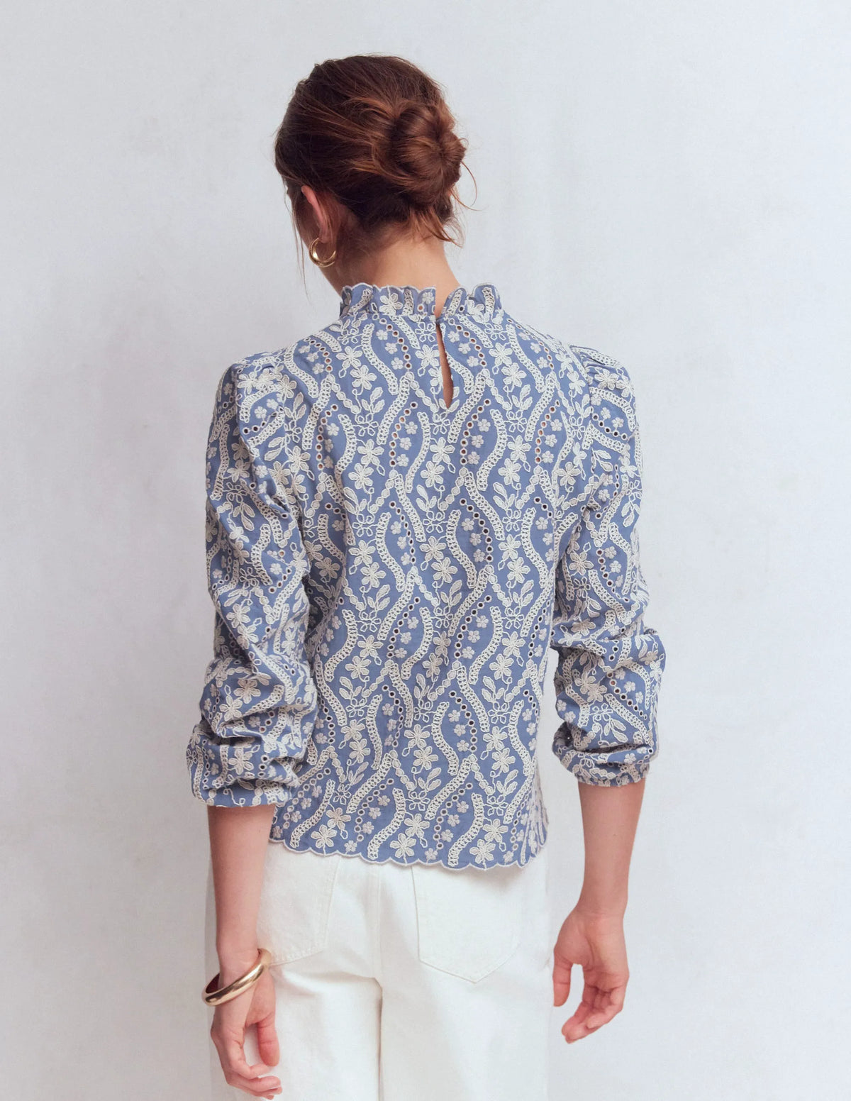Puff Sleeve Interest Top-Blue and Ivory Broderie