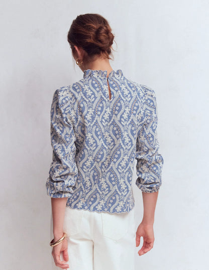 Puff Sleeve Interest Top-Blue and Ivory Broderie