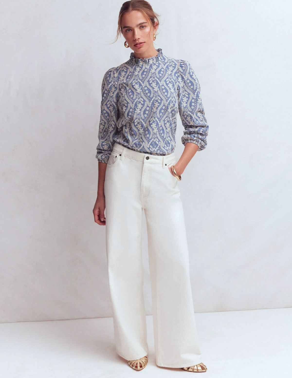 Puff Sleeve Interest Top-Blue and Ivory Broderie