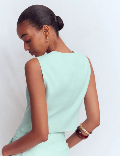 Linen V-Neck Waistcoat-Spearmint