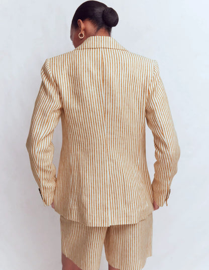 Stamford Linen Blazer-Brown, Ivory Ticking Stripe