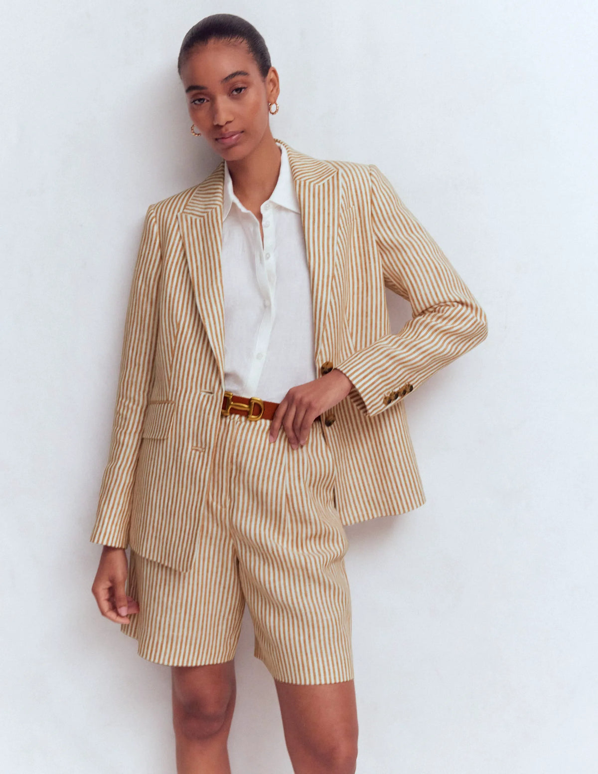 Stamford Linen Blazer-Brown, Ivory Ticking Stripe