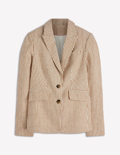 Stamford Linen Blazer-Brown, Ivory Ticking Stripe