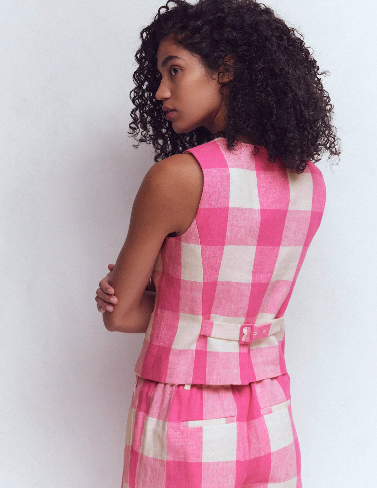 Linen Waistcoat-Pink Punch Gingham