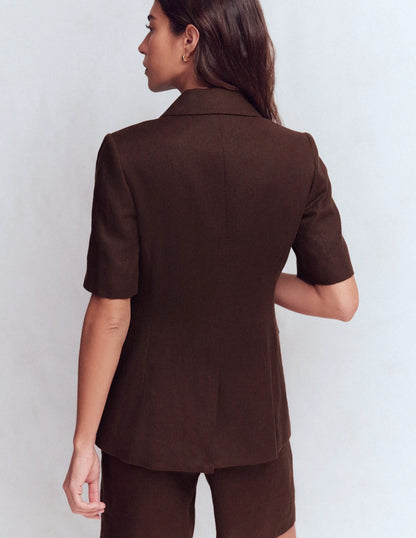 Short Sleeve Linen Blazer-Bitter Chocolate