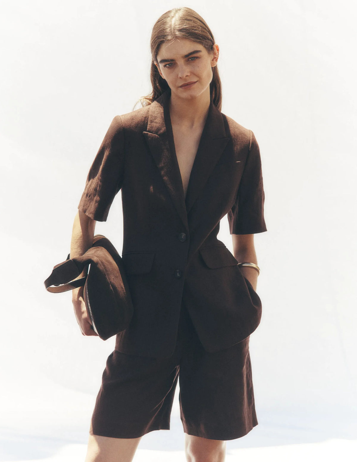 Short Sleeve Linen Blazer-Bitter Chocolate