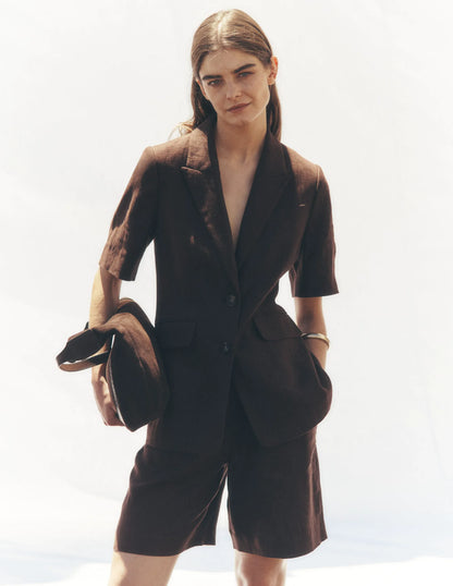 Short Sleeve Linen Blazer-Bitter Chocolate