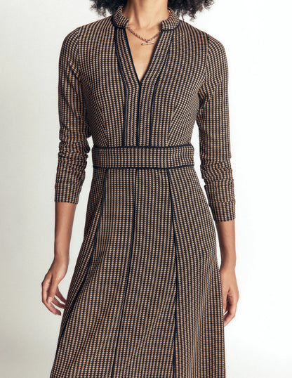 Alex Ponte Contrast Midi Dress-Navy/Camel Texture