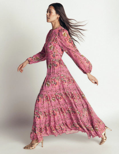 Multi Tiered Maxi Dress-Pink Heather, Frosted Flora
