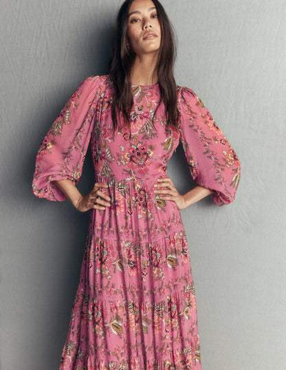 Multi Tiered Maxi Dress-Pink Heather, Frosted Flora