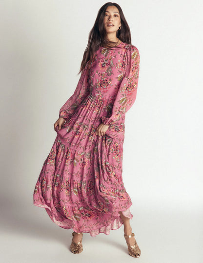 Multi Tiered Maxi Dress-Pink Heather, Frosted Flora