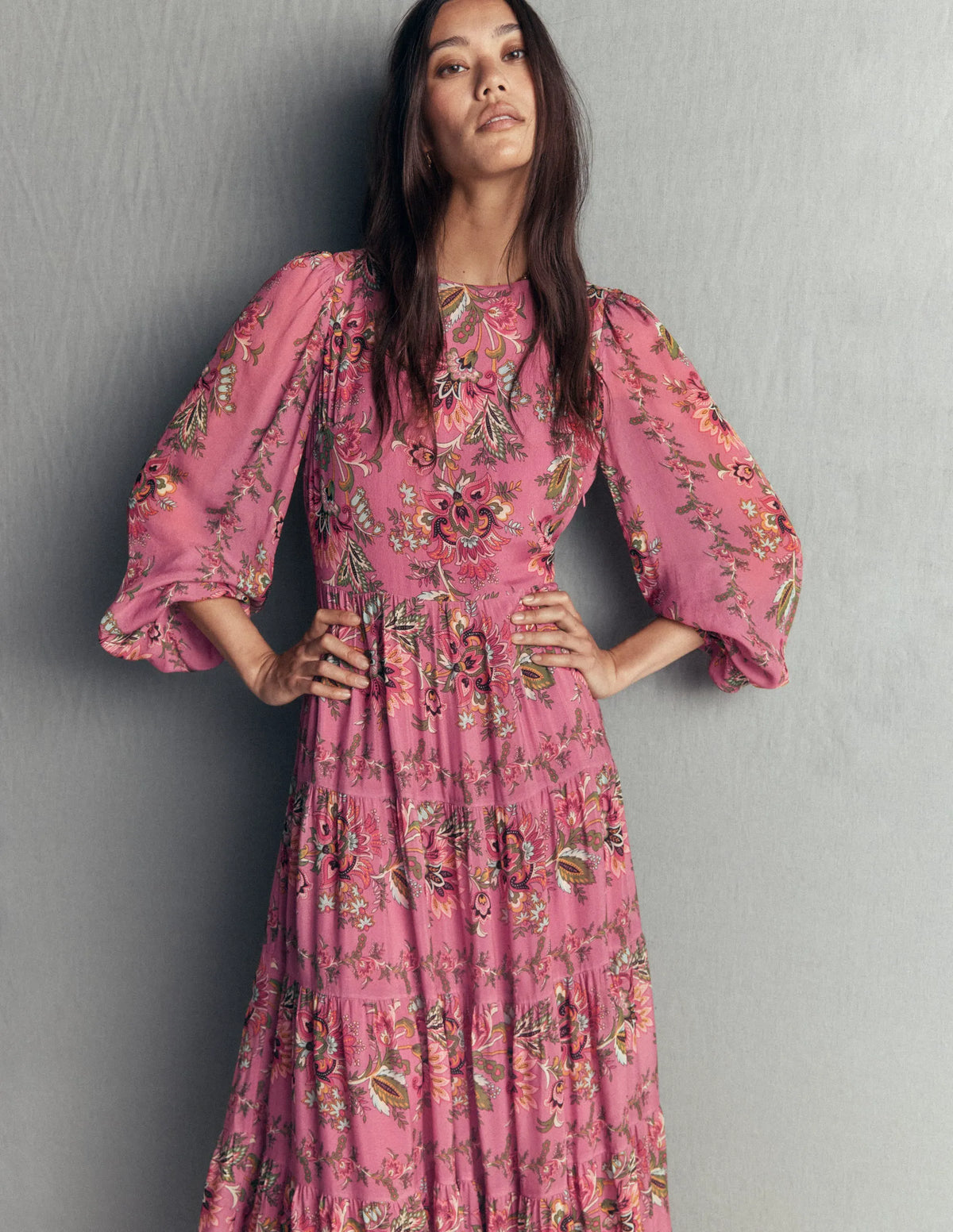 Multi Tiered Maxi Dress-Pink Heather, Frosted Flora