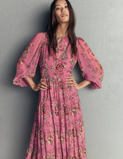 Multi Tiered Maxi Dress-Pink Heather, Frosted Flora