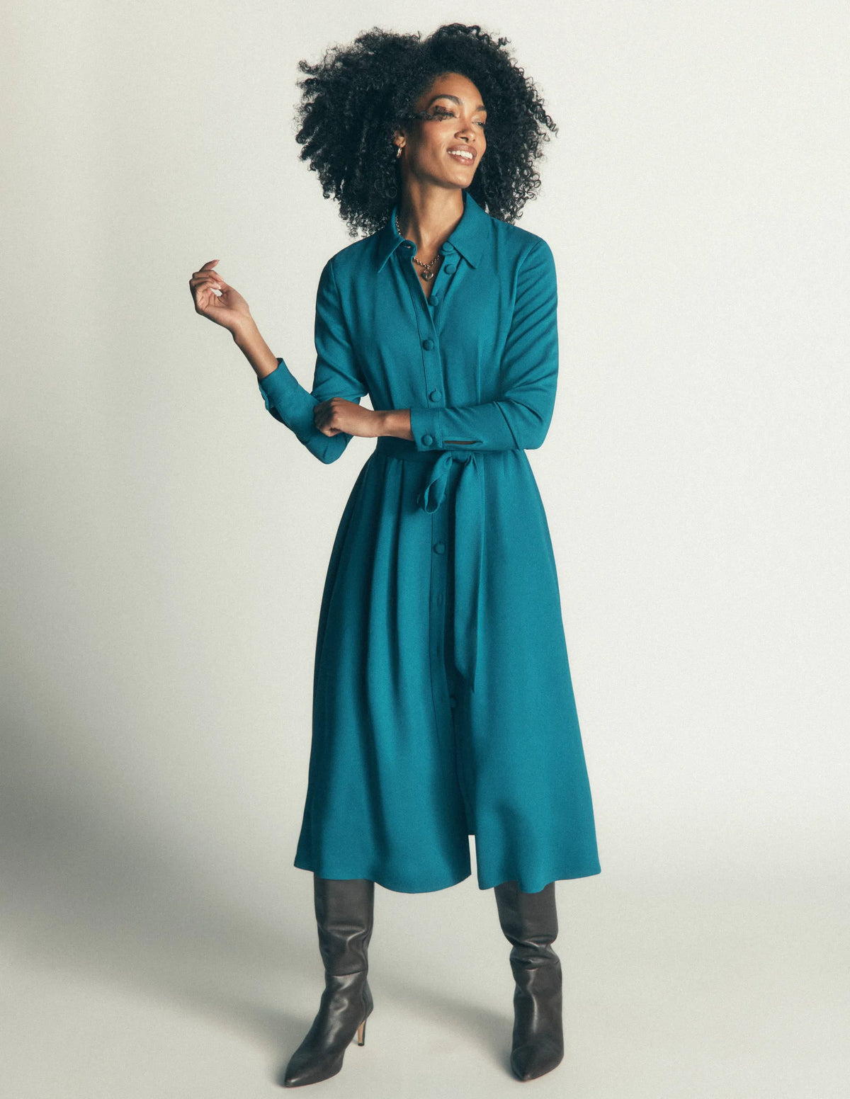 Kate Pleated Shirt Dress-Deep Sea Green