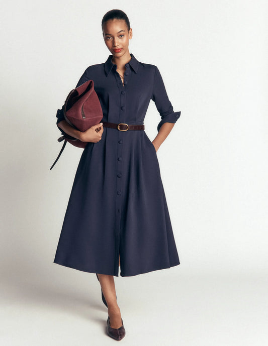 Kate Pleated Shirt Dress-Navy