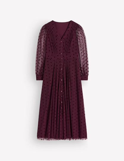 Pleated Tulle Midi Dress-Dark Cherry