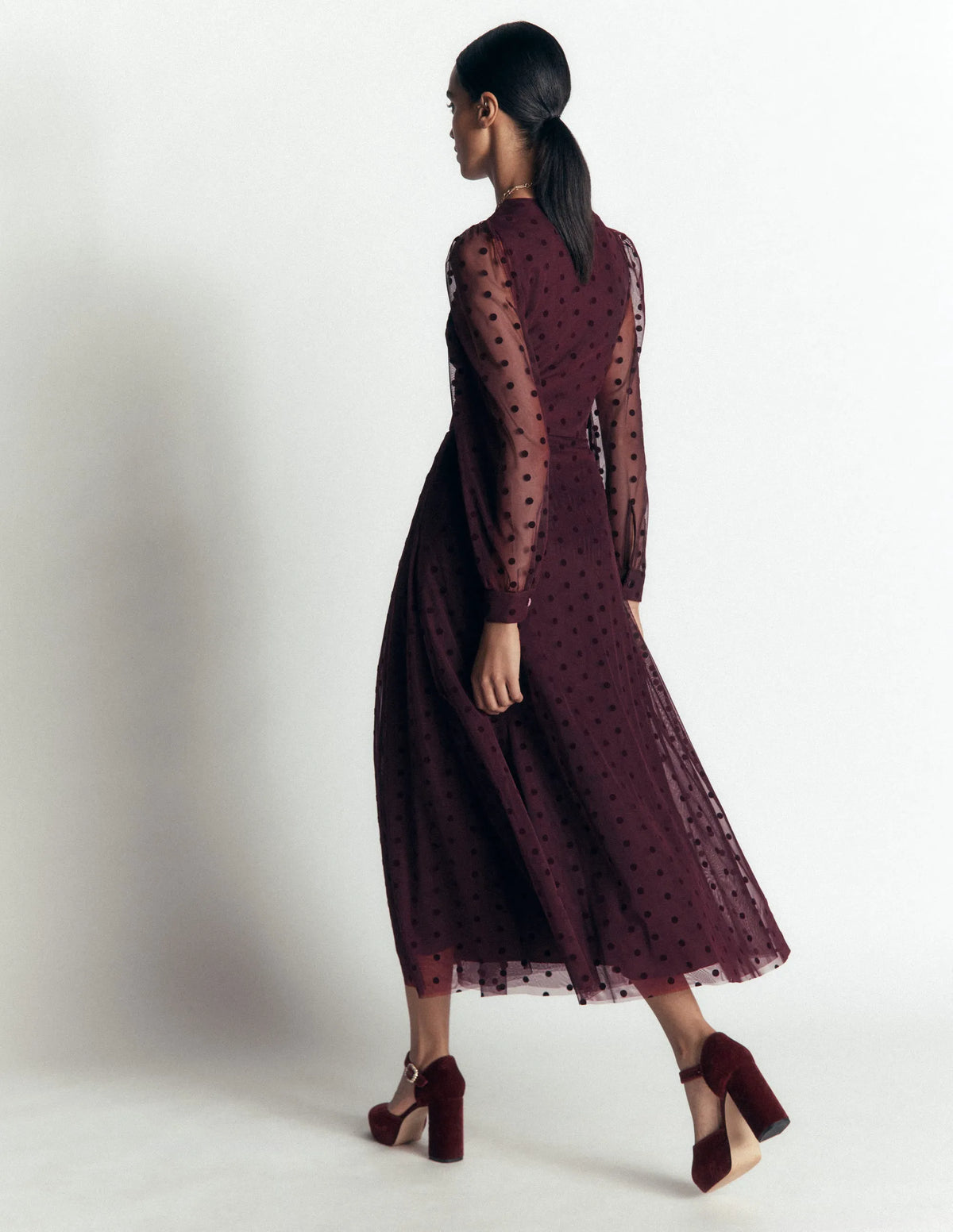 Pleated Tulle Midi Dress-Dark Cherry