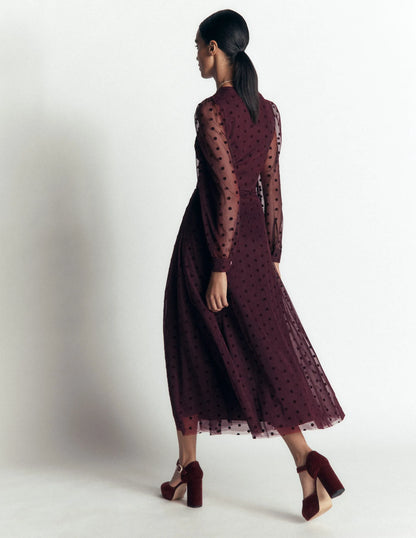Pleated Tulle Midi Dress-Dark Cherry