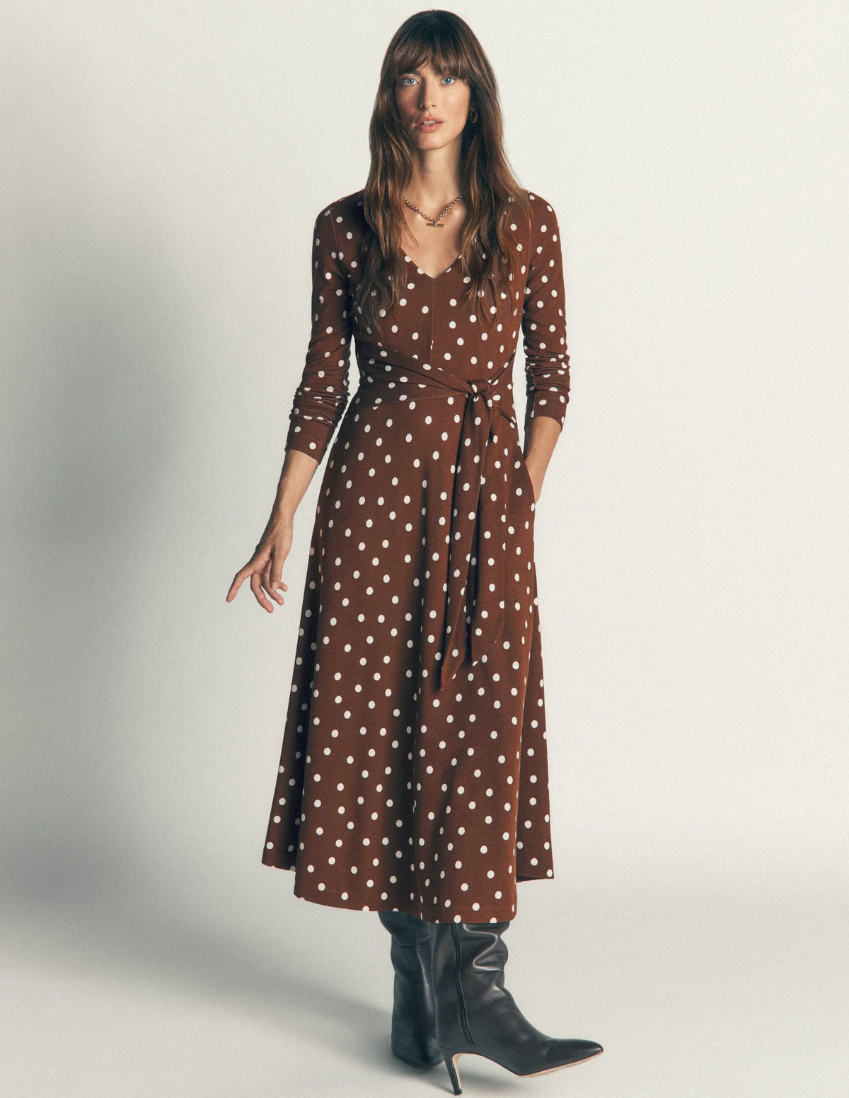 Tie Waist Ponte Dress-Raw Umber, Painted Dot