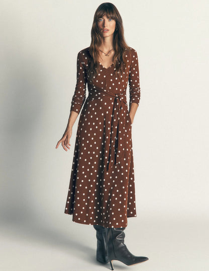 Tie Waist Ponte Dress-Raw Umber, Painted Dot
