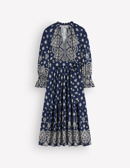Blouson Tiered Jersey Dress-French Navy, Ornate Gardenia