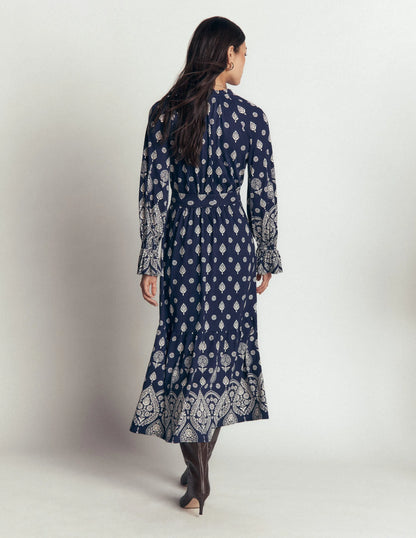 Blouson Tiered Jersey Dress-French Navy, Ornate Gardenia