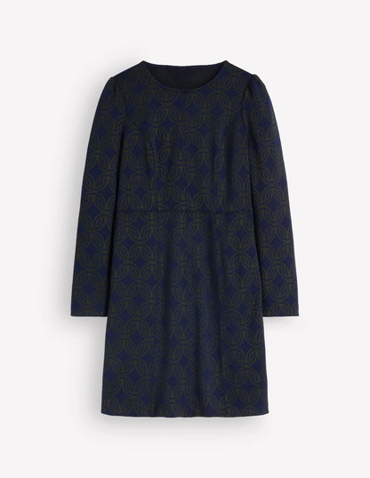 Marla Seamed Ottoman Dress-Navy and Forest Glade Jacquard