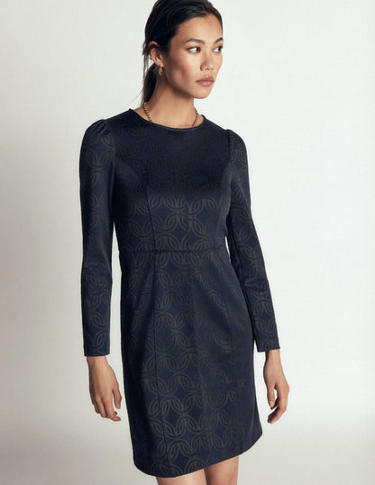 Marla Seamed Ottoman Dress-Navy and Forest Glade Jacquard