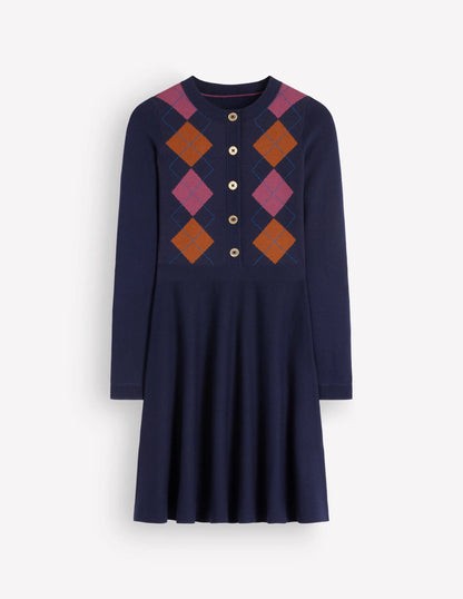 Crew Neck Jacquard Dress-Navy Jacquard