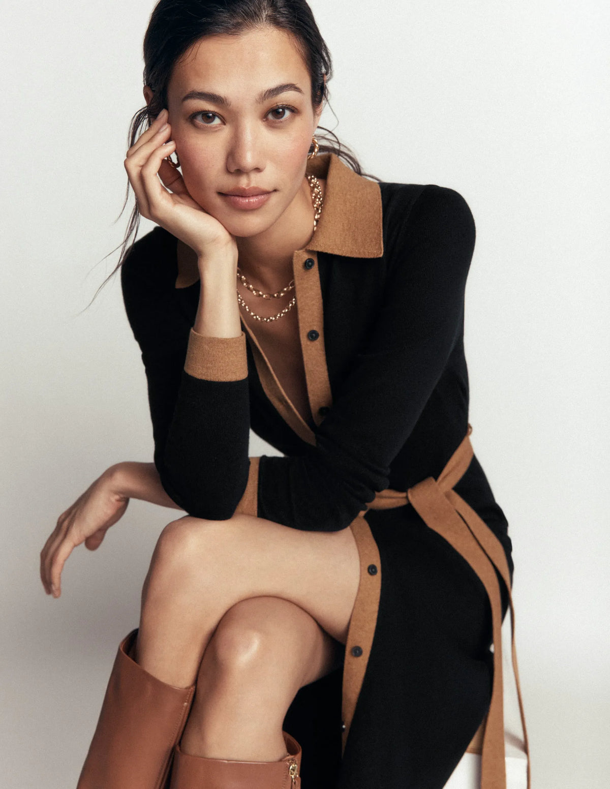 Jessica Knitted Shirt Dress-Black and Fall leaf